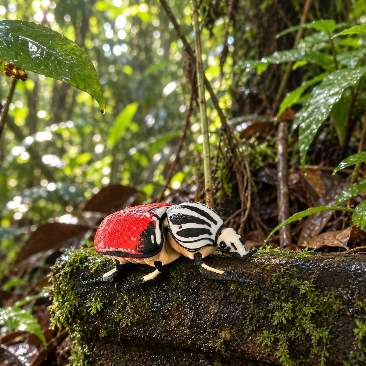 Escarabajo Goliat articulado sobre un tronco cubierto de musgo en la selva.