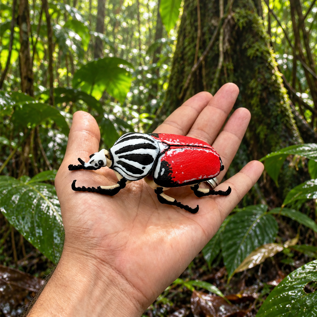 Escarabajo Goliat articulado sostenido en la mano en un entorno de selva húmeda.