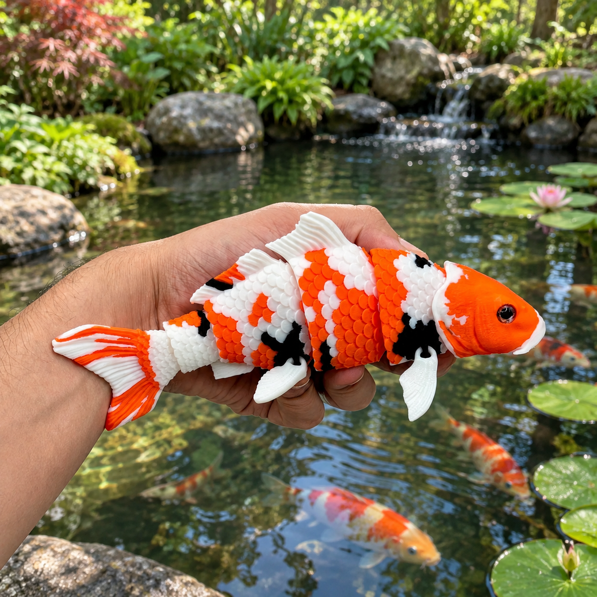 Figura articulada de carpa koi sostenida en una mano frente a un estanque con nenúfares.