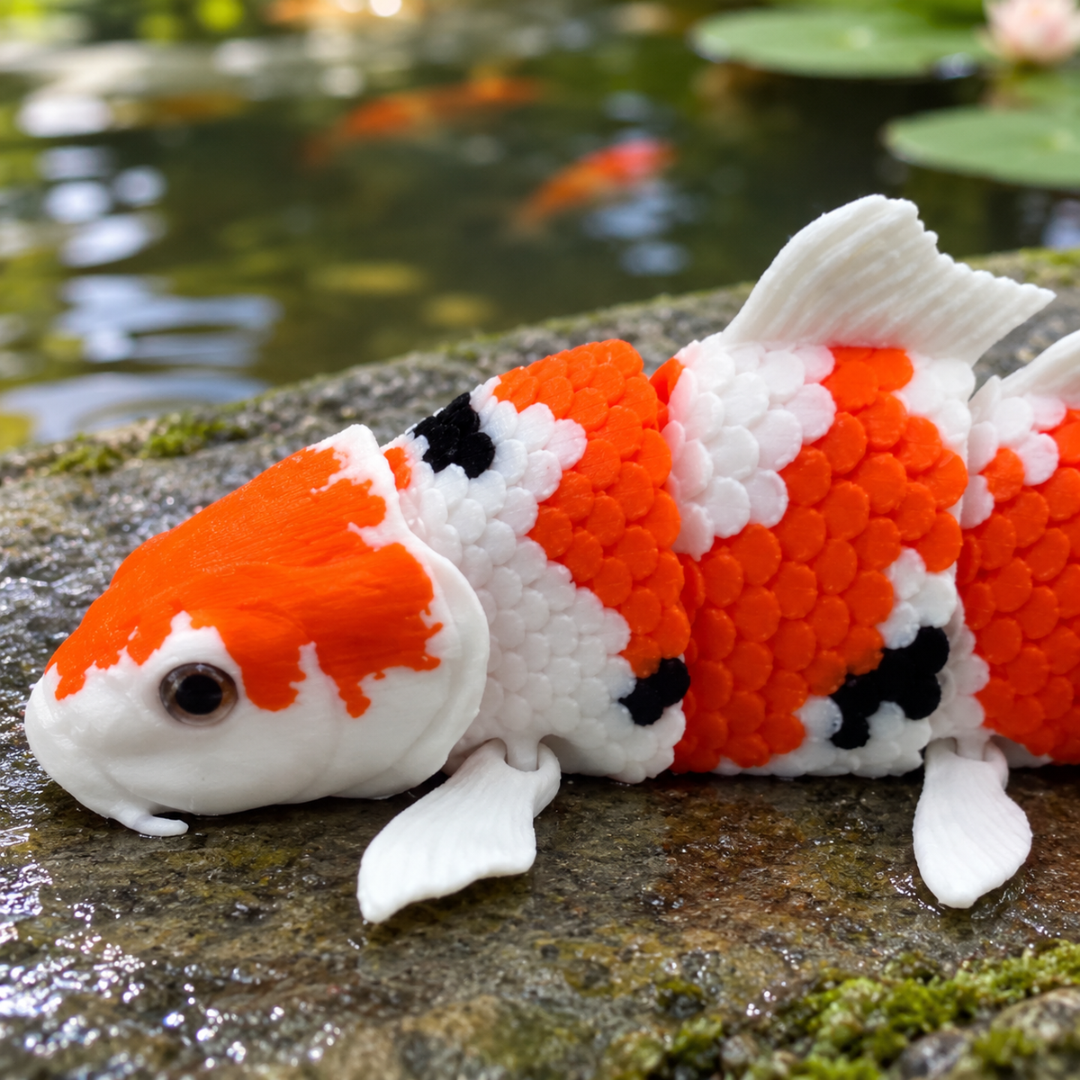 Primer plano de la figura koi articulada sobre una roca con el estanque al fondo.