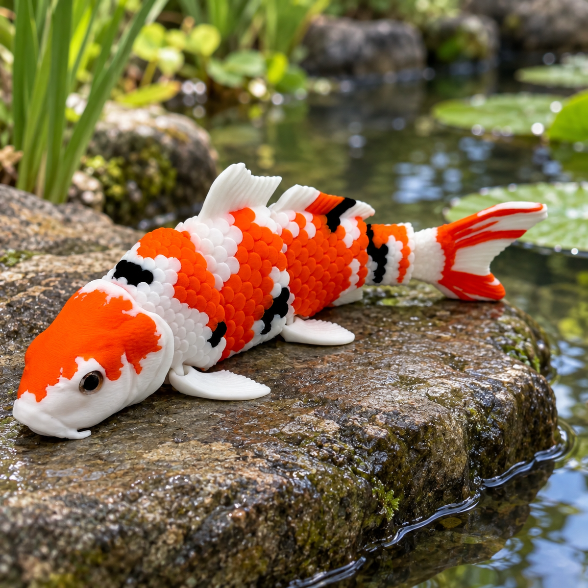Figura articulada de carpa koi sobre una roca húmeda junto al estanque.