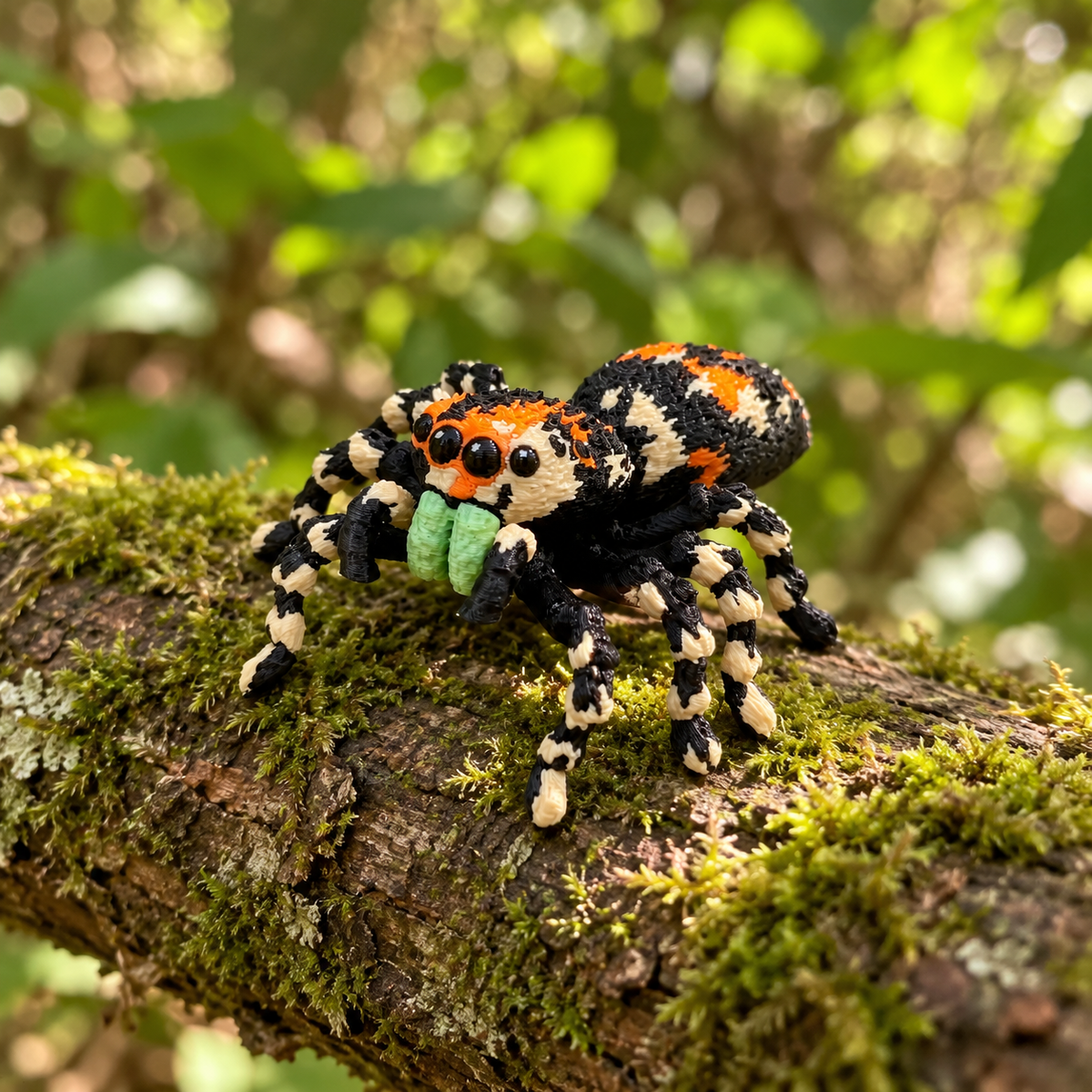 Detalle de la araña saltarina articulada sobre una rama cubierta de musgo