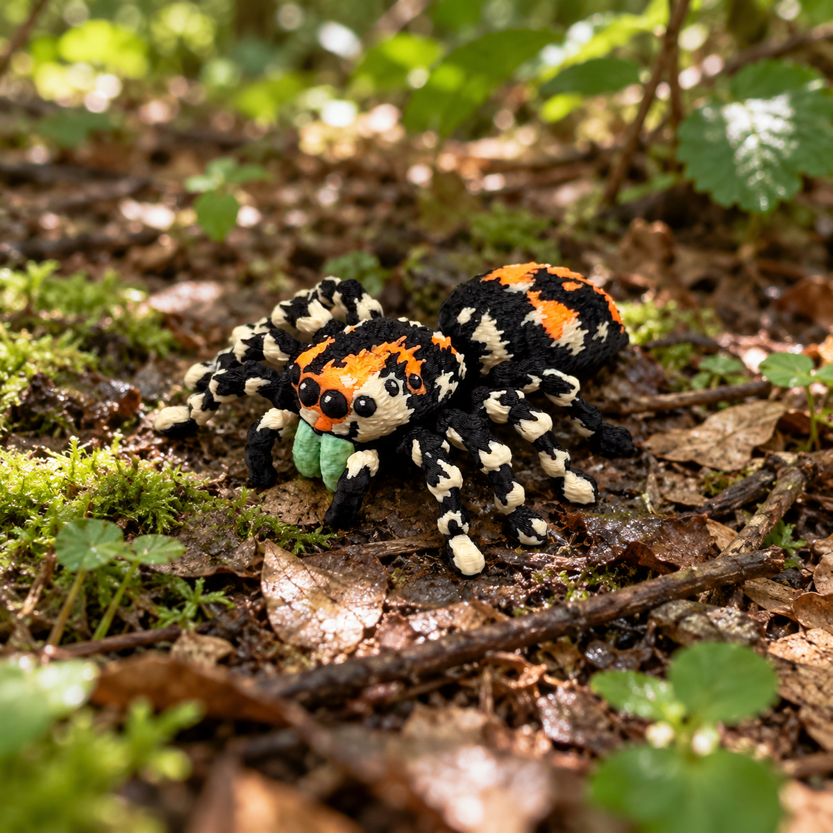 Araña saltarina articulada sobre suelo de bosque