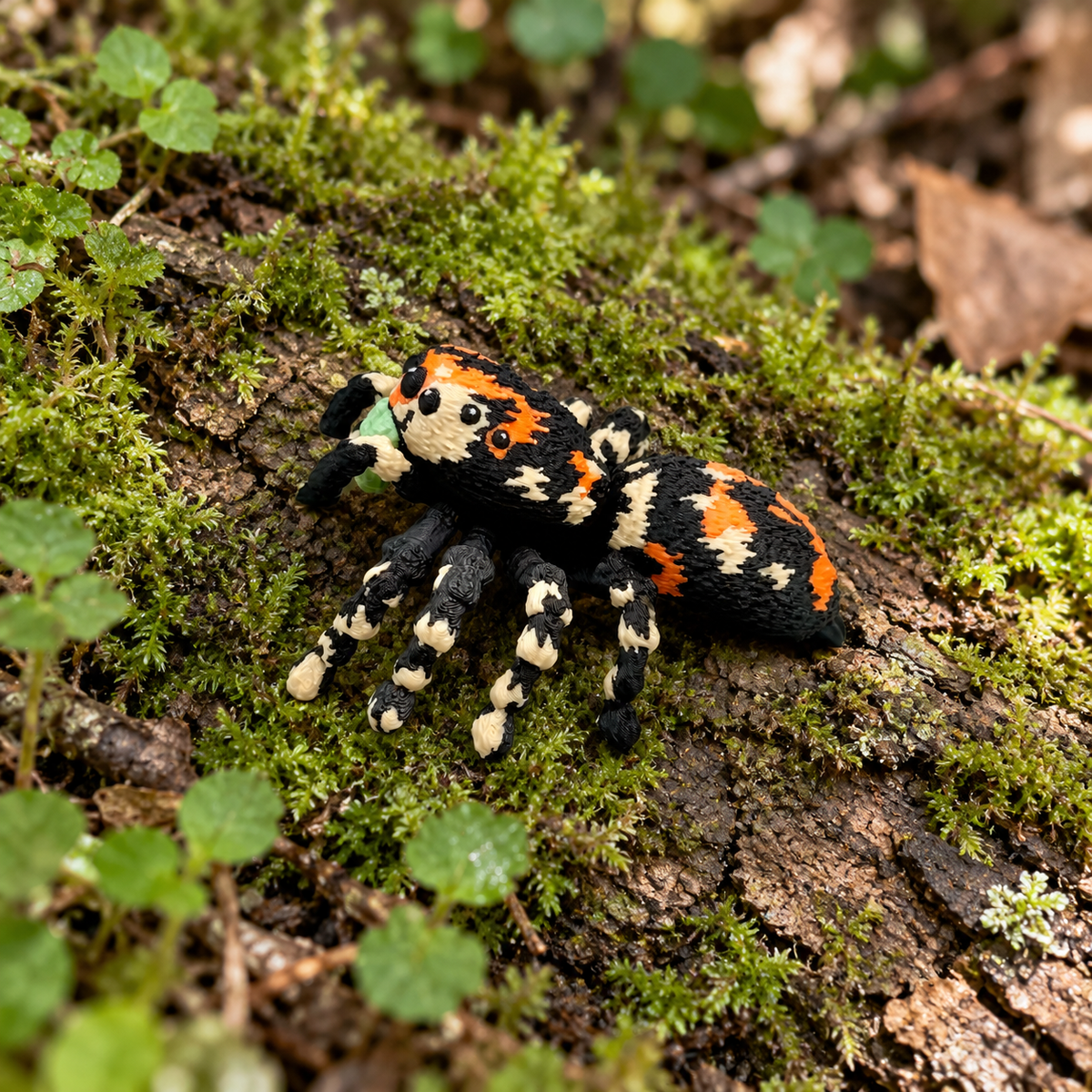 Araña saltarina articulada sobre corteza y musgo, vista superior