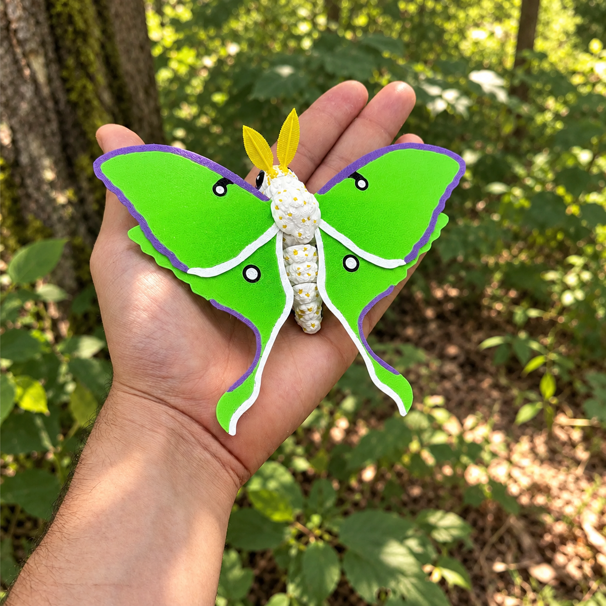 Polilla luna articulada con alas verdes en la mano, en un jardín