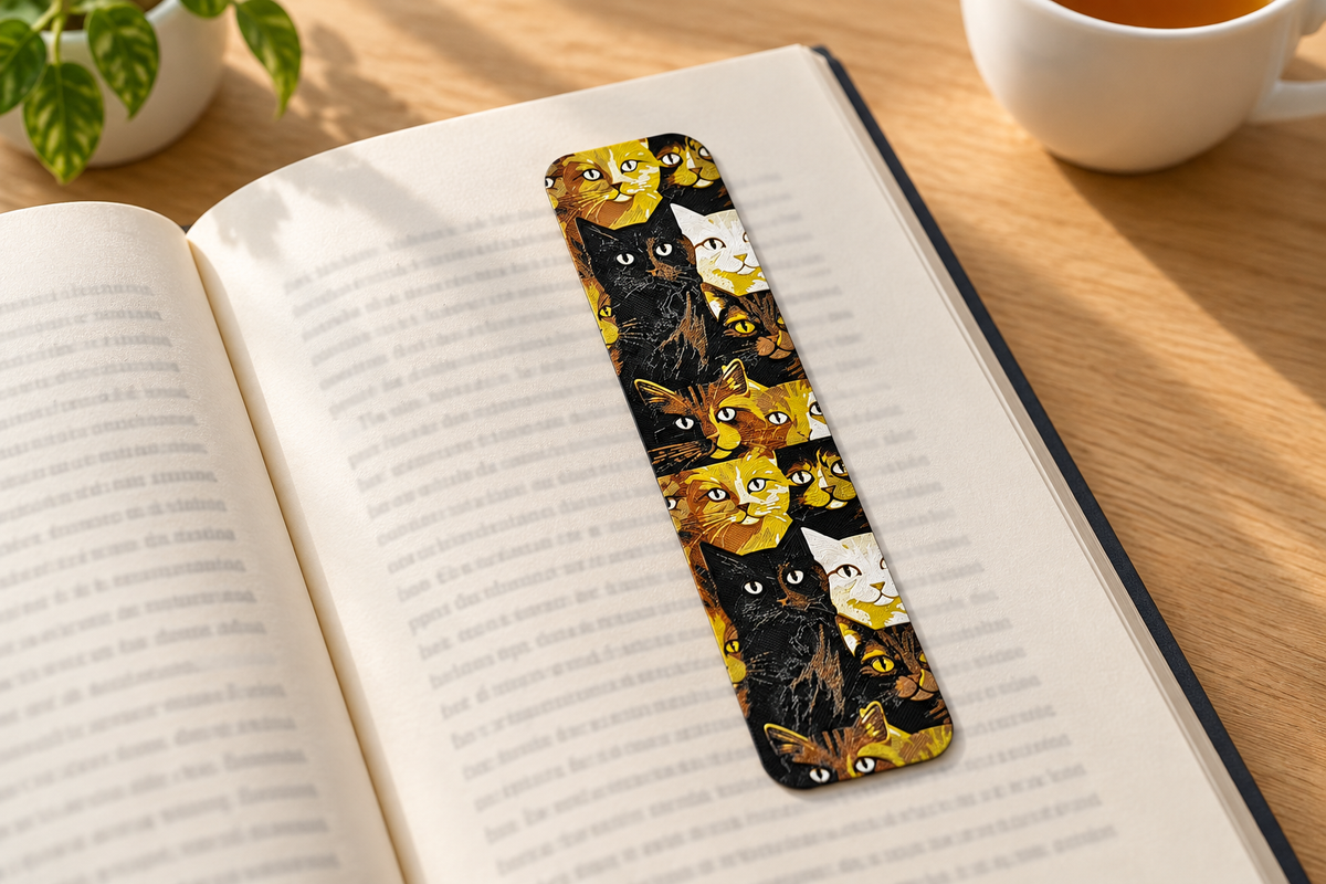 Marcapáginas Texturizado Cats Land sobre un libro abierto junto a una taza de té