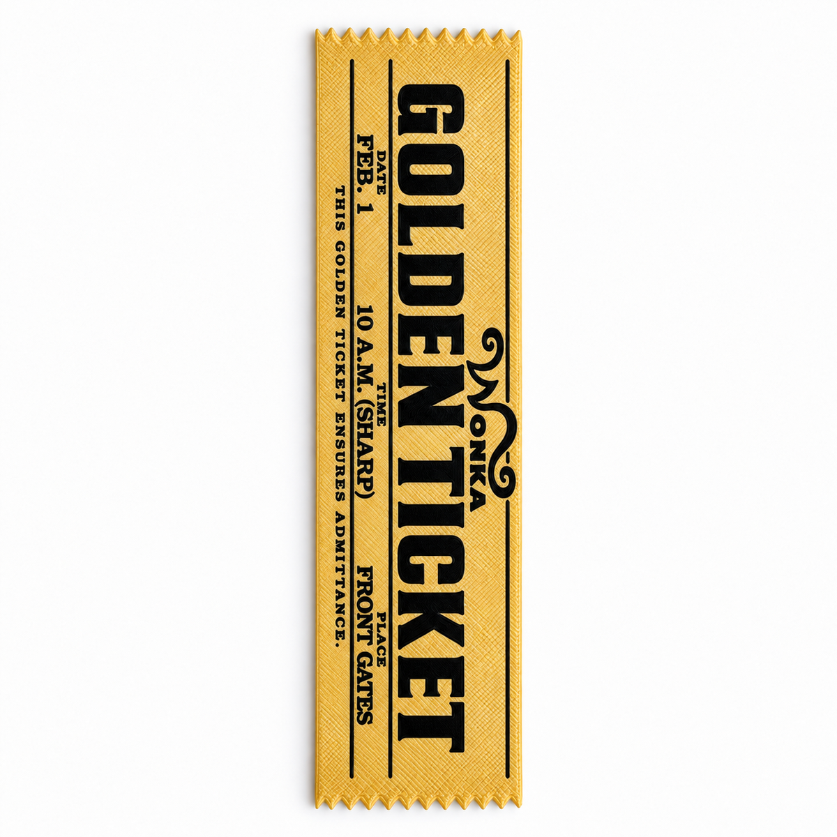 Marcapáginas texturizado Golden Ticket dorado y negro sobre fondo blanco