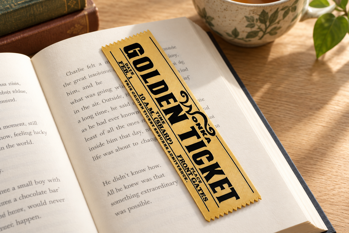 Marcapáginas Golden Ticket sobre las páginas de un libro abierto