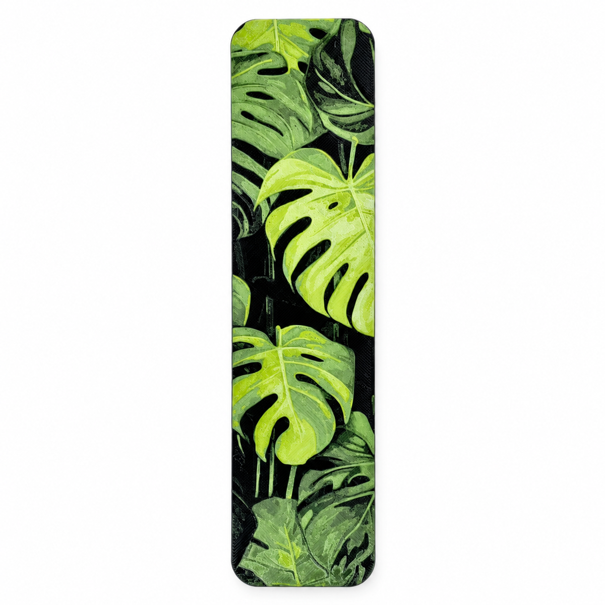 Marcapáginas texturizado Monstera Deliciosa con hojas verdes sobre fondo blanco