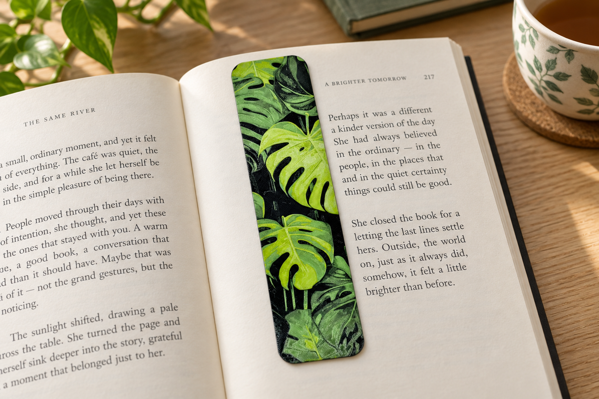 Marcapáginas Monstera Deliciosa colocado plano sobre un libro abierto