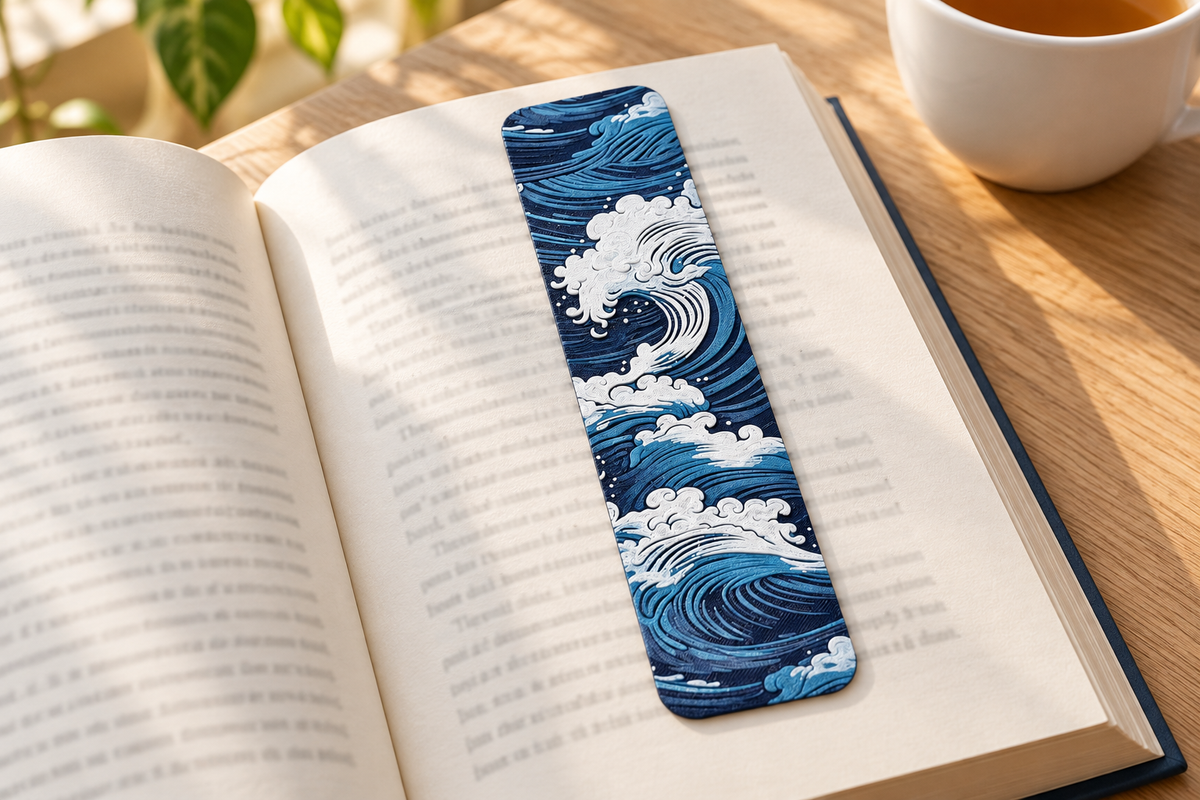 Marcapáginas Texturizado Ocean Trace sobre un libro abierto junto a una taza de té
