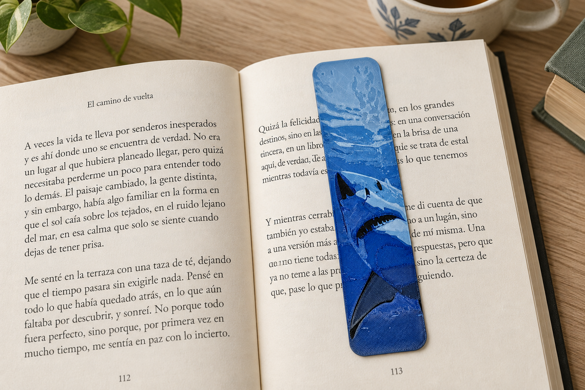 Marcapáginas Sharkmark colocado plano sobre un libro abierto