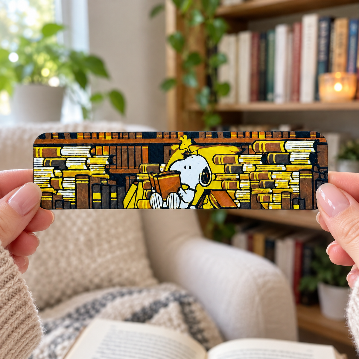 Marcapáginas Perrito en la Biblioteca sostenido en la mano