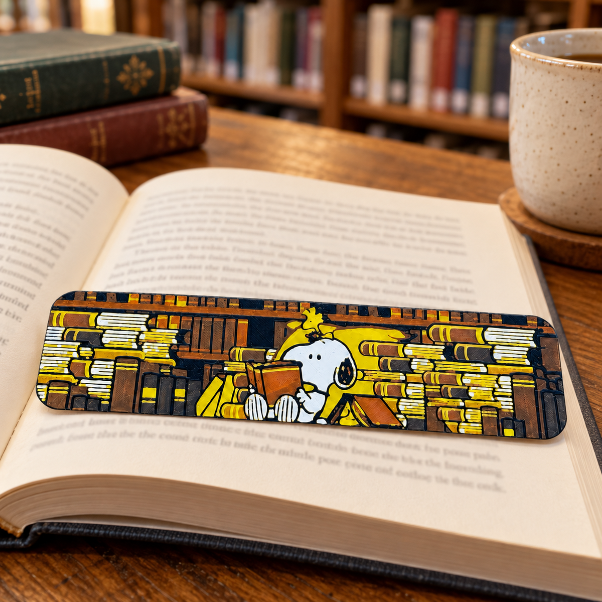 Marcapáginas Perrito en la Biblioteca sobre un libro abierto