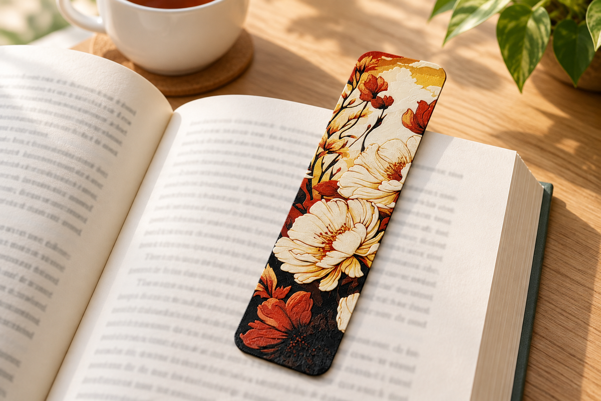 Marcapáginas Texturizado Valle de Flores sobre un libro abierto junto a una taza de té